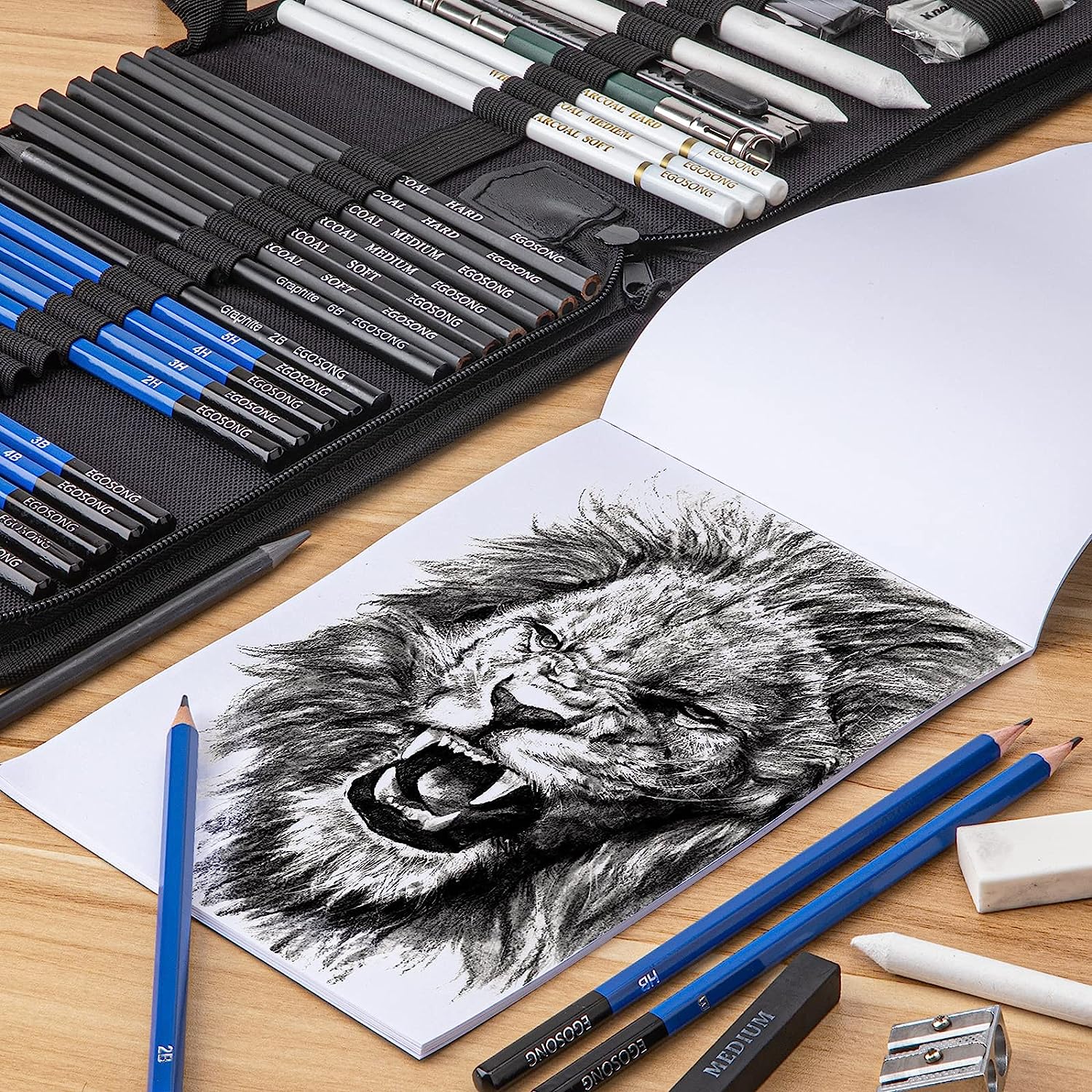 EGOSONG 41 Pack Professional Art Supplies – Graphite/Charcoal Pencils Art Set – All in One Drawing Tools Sketching Art Kit with Sketchbook – Portable Travel Drawing Kit for Adults Beginners & Artists - Image 4
